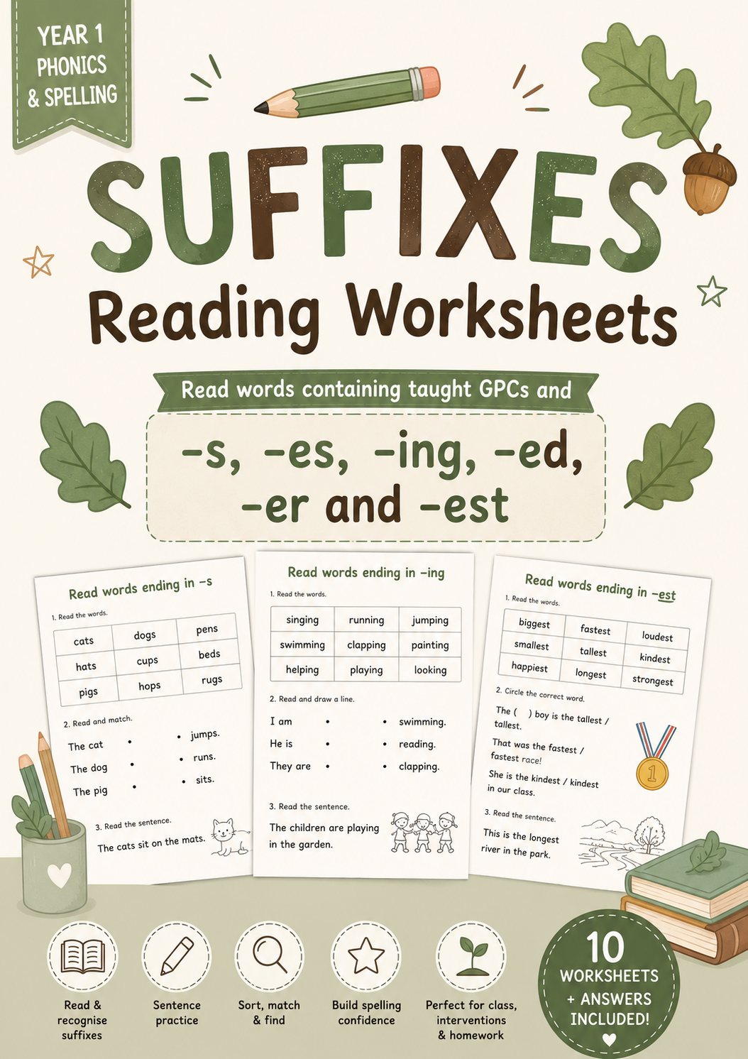Year 1 Suffixes Reading & Phonics Worksheet Pack